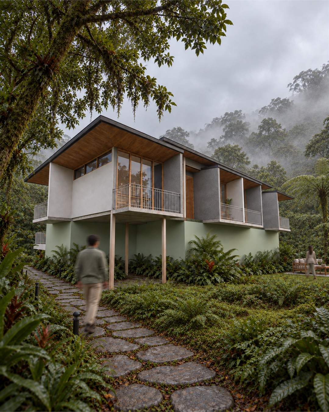 Architectural visualization of a two-storey building with balconies and timber roofs surrounded by tropical vegetation.